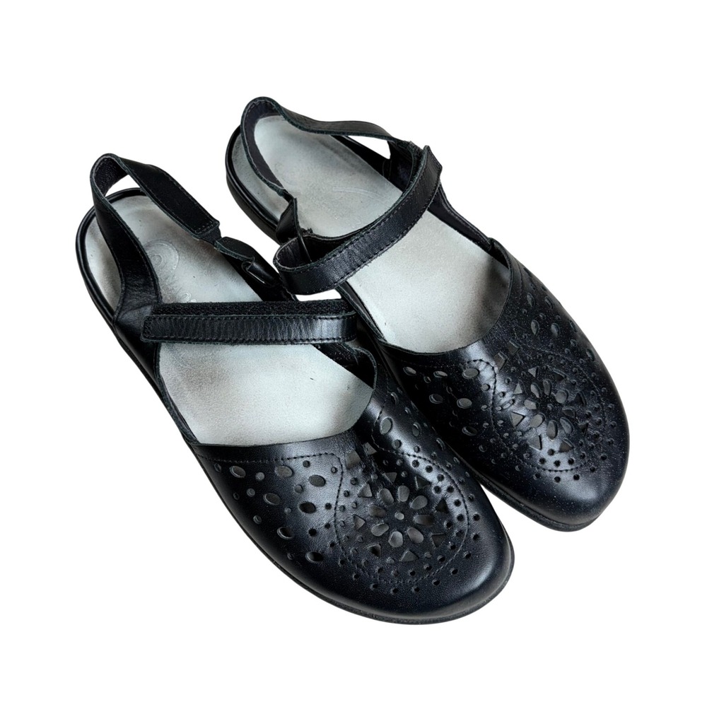 Naot Black Leather Laser Cut Floral Mary Jane Slingback Sandals Womens 41 Scandi
